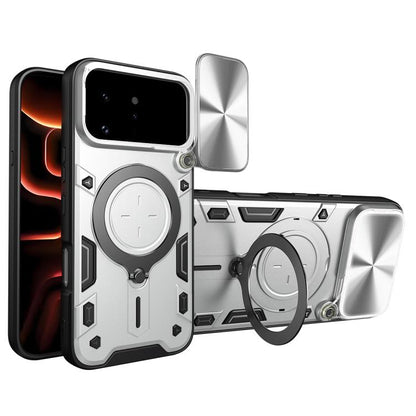 Silver phone case with magnetic ring holder and sliding camera shield, front and back