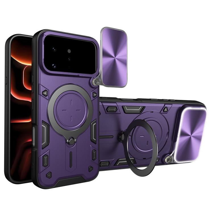 Purple phone case with magnetic ring holder and sliding camera shield, front and back