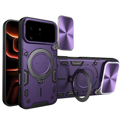 Purple phone case with magnetic ring holder and sliding camera shield, front and back