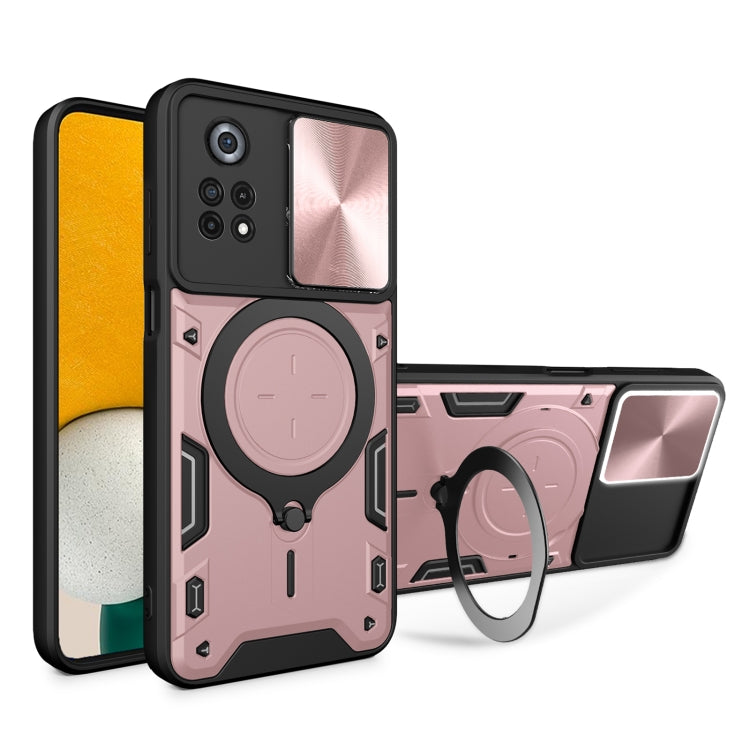 Pink phone case with sliding camera shield and magnetic ring holder, rugged black edges