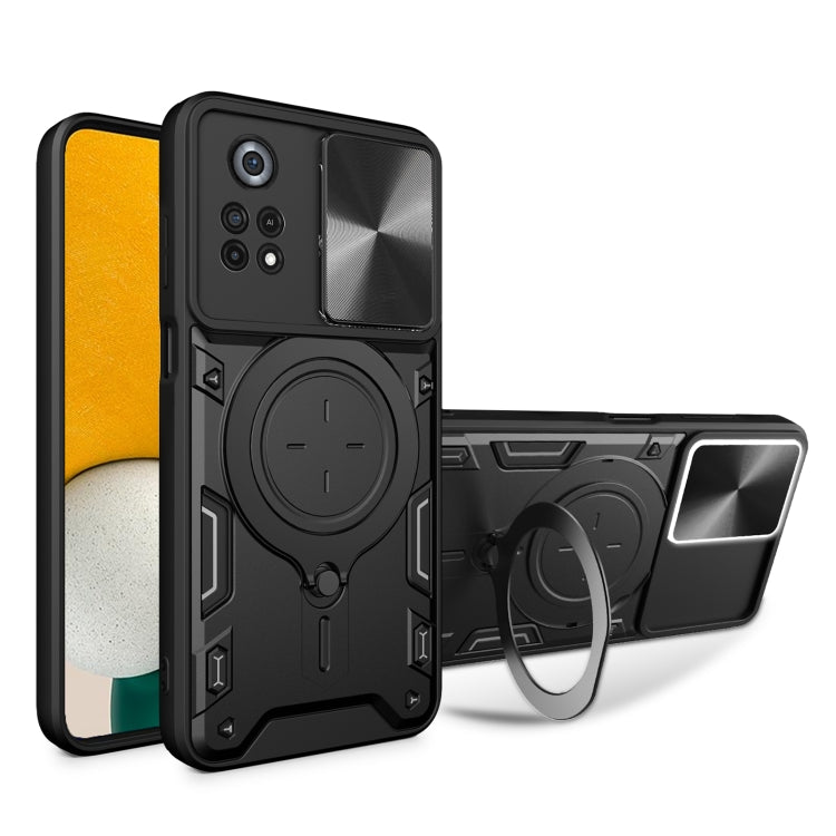 Black phone case with sliding camera shield and magnetic ring holder, rugged textured design