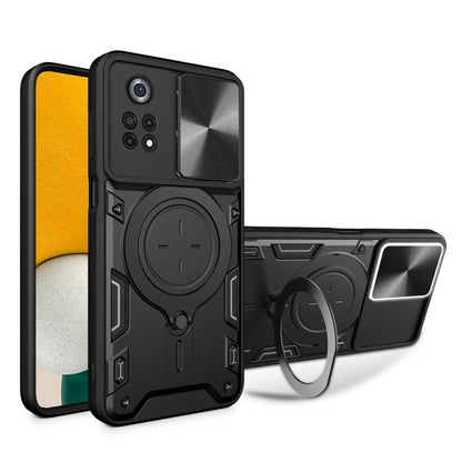 Black phone case with sliding camera shield and magnetic ring holder, rugged textured design