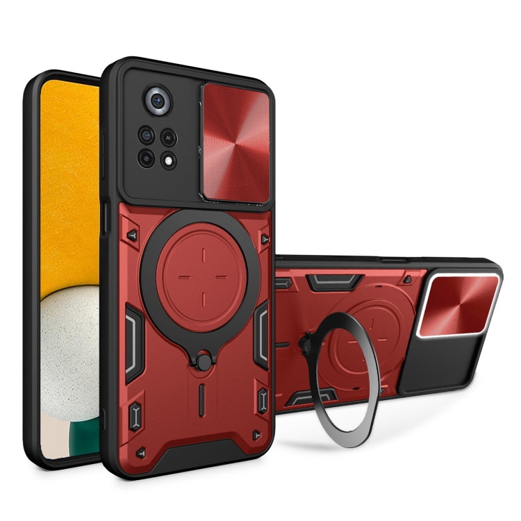 Red phone case with sliding camera shield and magnetic ring holder, rugged black trim