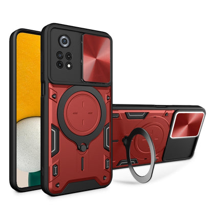 Red phone case with sliding camera shield and magnetic ring holder, rugged black trim