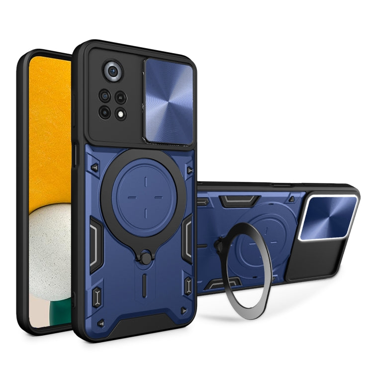 Blue phone case with sliding camera shield and magnetic ring holder, rugged black edges