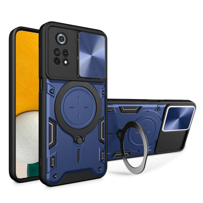 Blue phone case with sliding camera shield and magnetic ring holder, rugged black edges