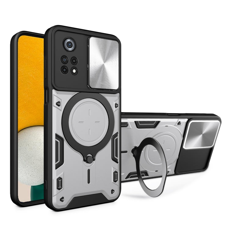 Silver phone case with sliding camera shield and magnetic ring holder, rugged black trim