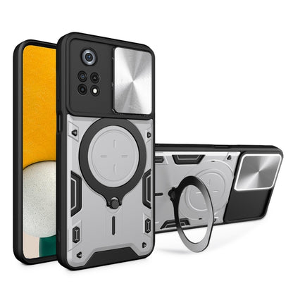 Silver phone case with sliding camera shield and magnetic ring holder, rugged black trim