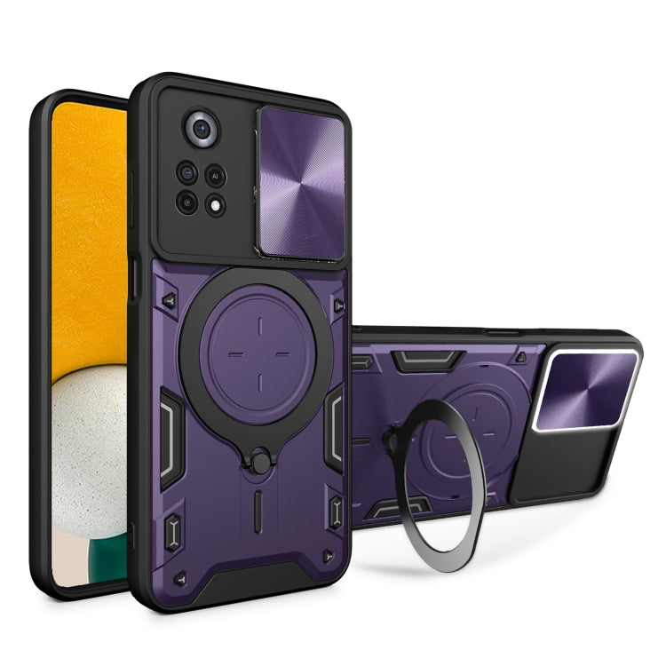 Purple phone case with sliding camera shield and magnetic ring holder, rugged black trim