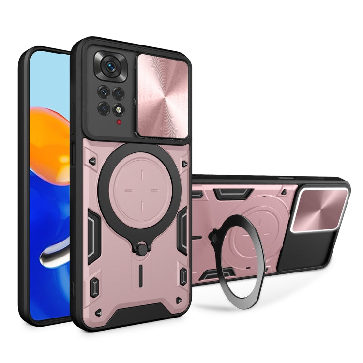 Pink phone case with sliding camera shield and magnetic ring holder, rugged black edges