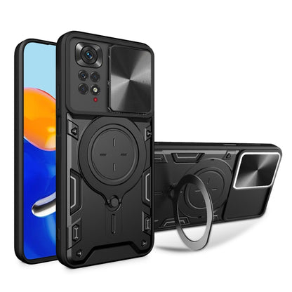 Black phone case with sliding camera shield and magnetic ring holder, rugged textured design