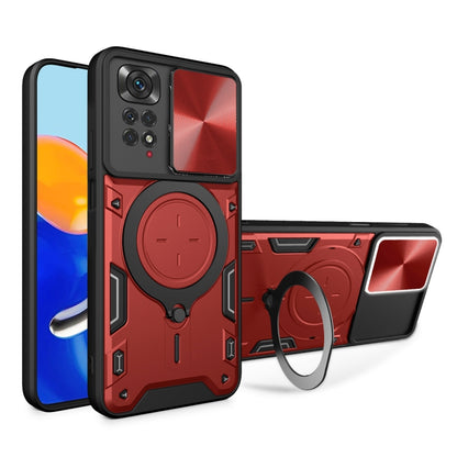 Red rugged phone case with magnetic ring holder and sliding camshield cover