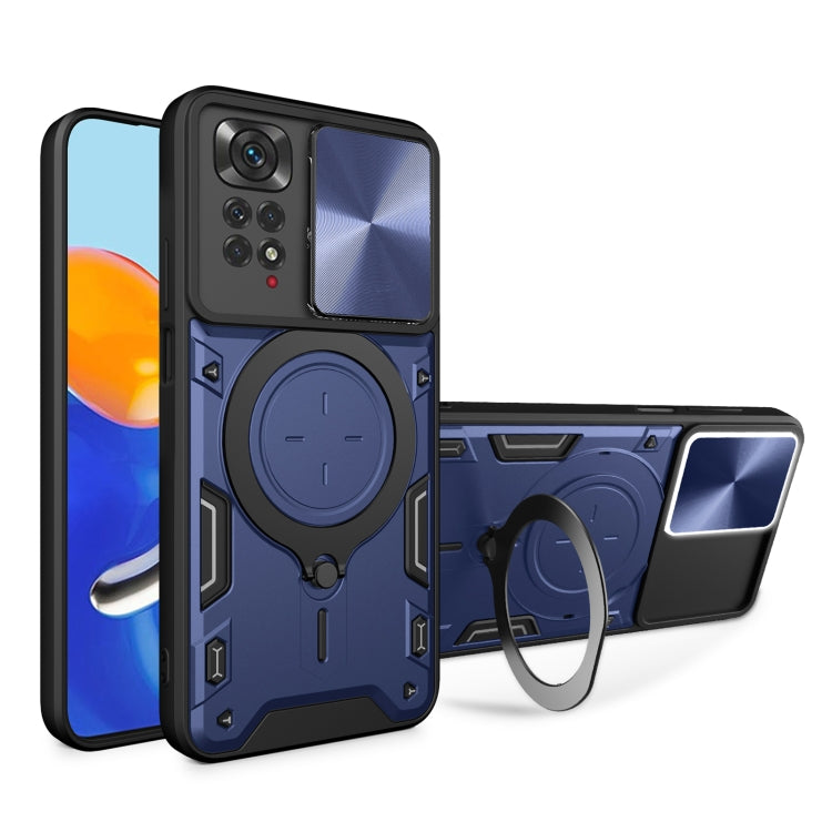 Blue rugged phone case with magnetic ring holder and sliding camshield cover
