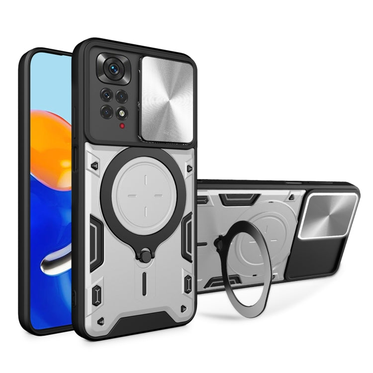 Silver rugged phone case with magnetic ring holder and sliding camshield cover
