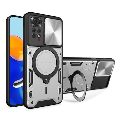 Silver rugged phone case with magnetic ring holder and sliding camshield cover