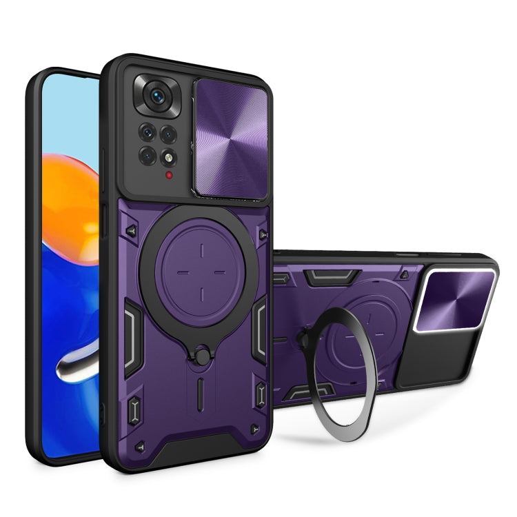 Purple rugged phone case with magnetic ring holder and sliding camshield cover