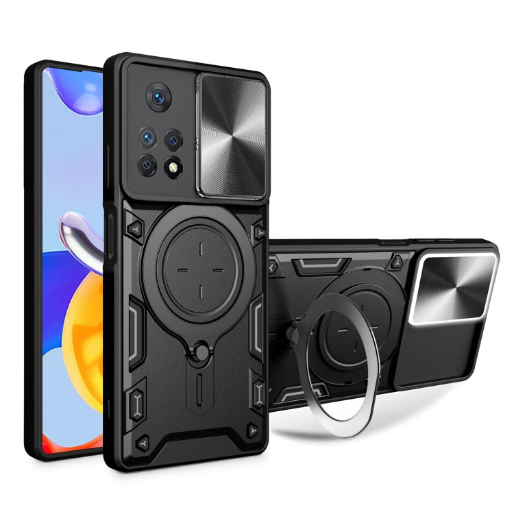 Black rugged phone case with magnetic ring holder and sliding camshield cover