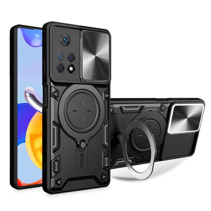 Black rugged phone case with magnetic ring holder and sliding camshield cover