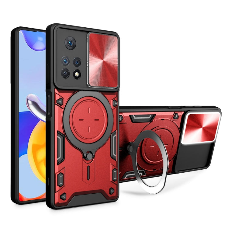 Red phone case with circular magnetic stand, textured back, and sliding cover