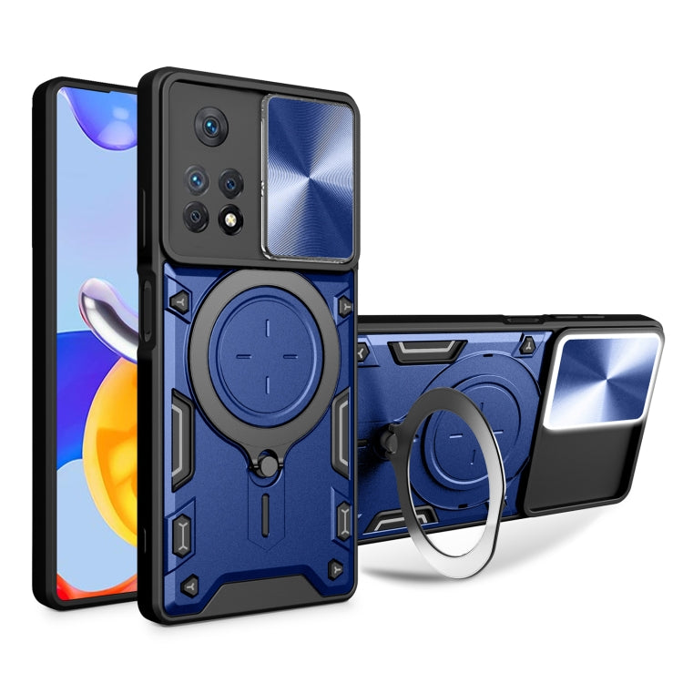 Blue phone case with circular magnetic stand, textured back, and sliding cover