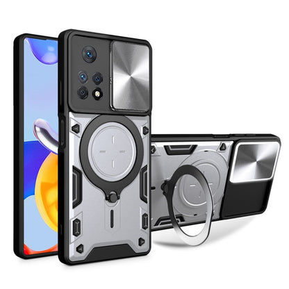 Gray phone case with circular magnetic stand, textured back, and sliding cover