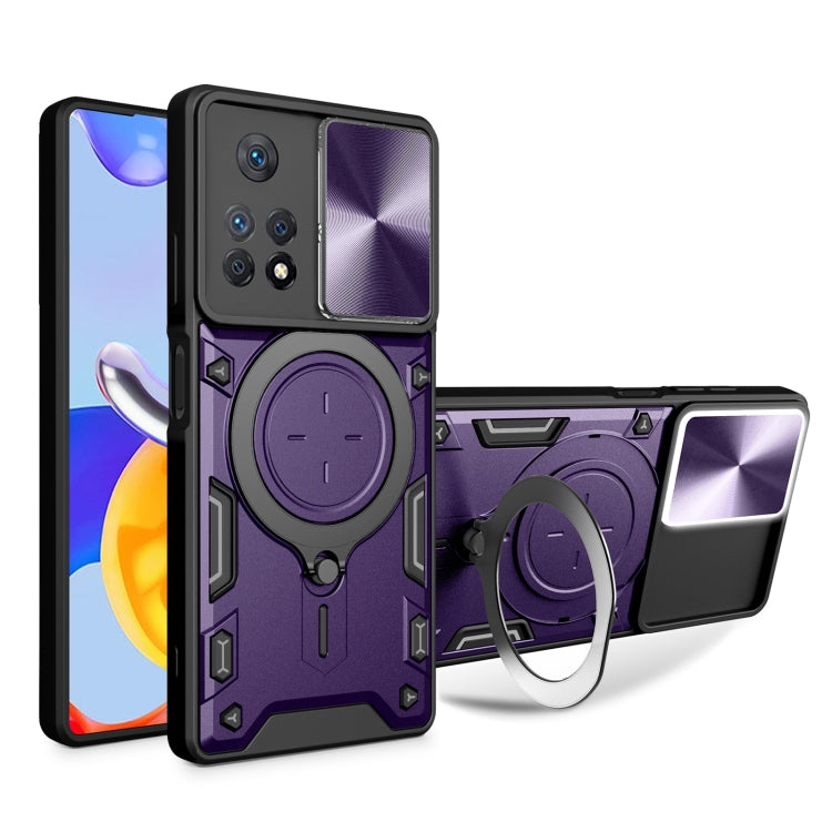 Purple phone case with circular magnetic stand, textured back, and sliding cover