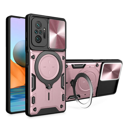 Pink textured sliding camshield phone case with magnetic ring holder and kickstand
