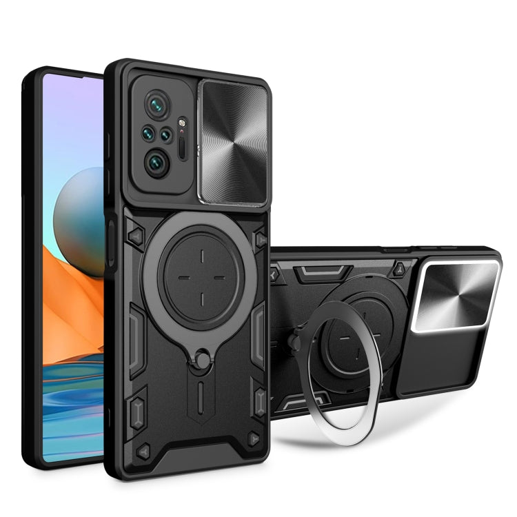 Black textured sliding camshield phone case with magnetic ring holder and kickstand