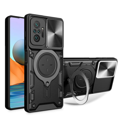 Black textured sliding camshield phone case with magnetic ring holder and kickstand