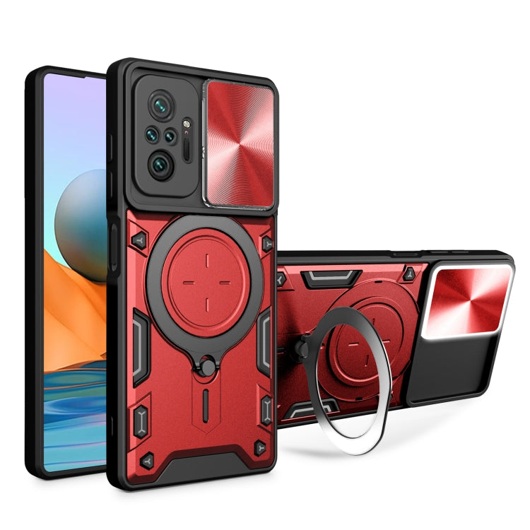 Red textured sliding camshield phone case with magnetic ring holder and kickstand