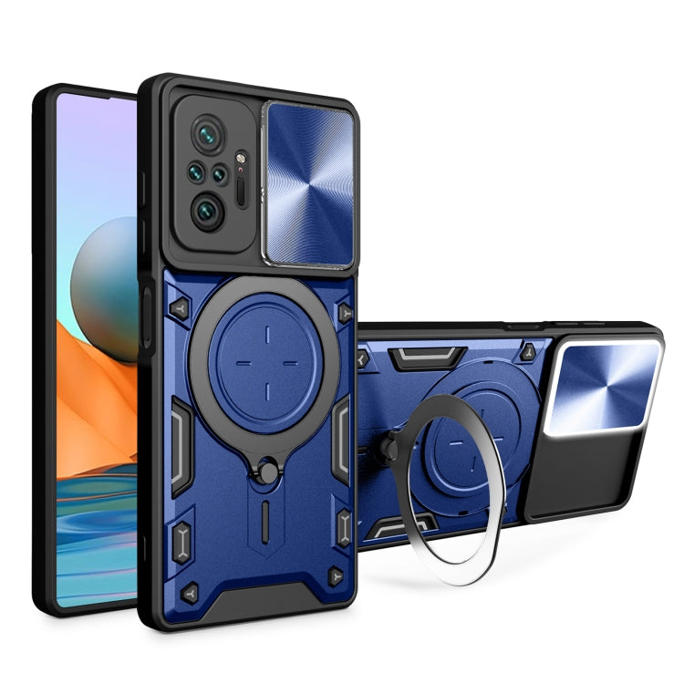 Blue textured sliding camshield phone case with magnetic ring holder and kickstand