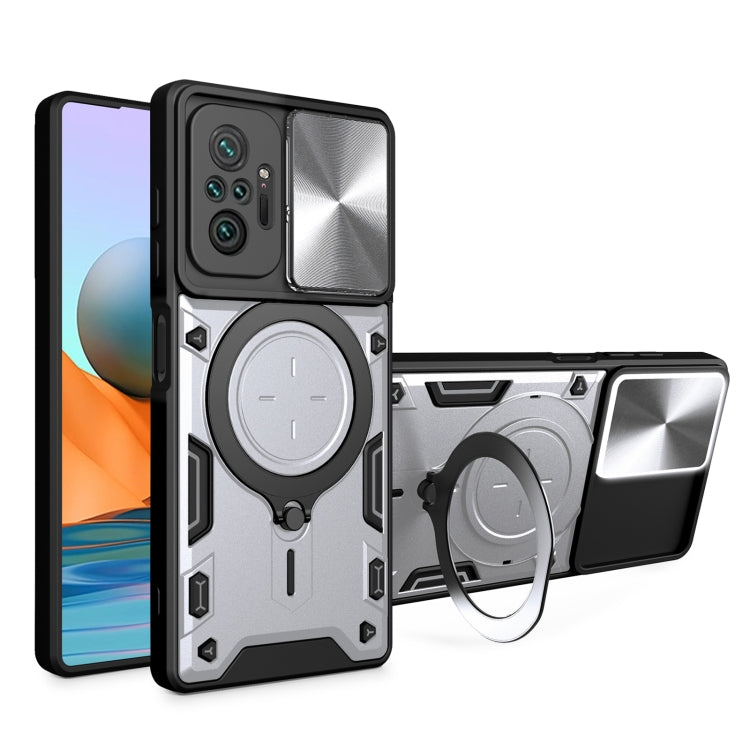 Silver textured sliding camshield phone case with magnetic ring holder and kickstand