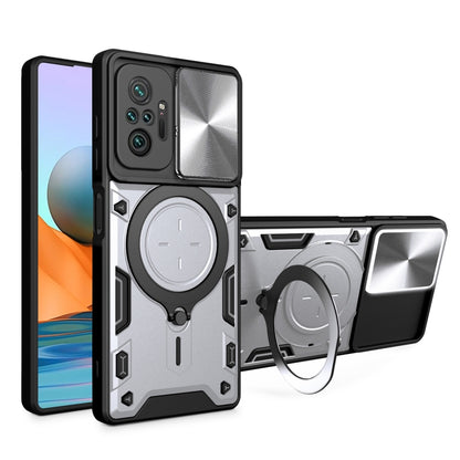 Silver textured sliding camshield phone case with magnetic ring holder and kickstand