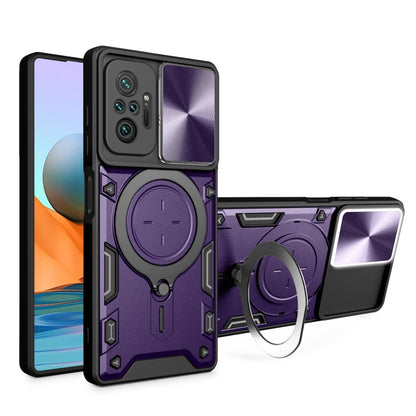 Purple textured sliding camshield phone case with magnetic ring holder and kickstand