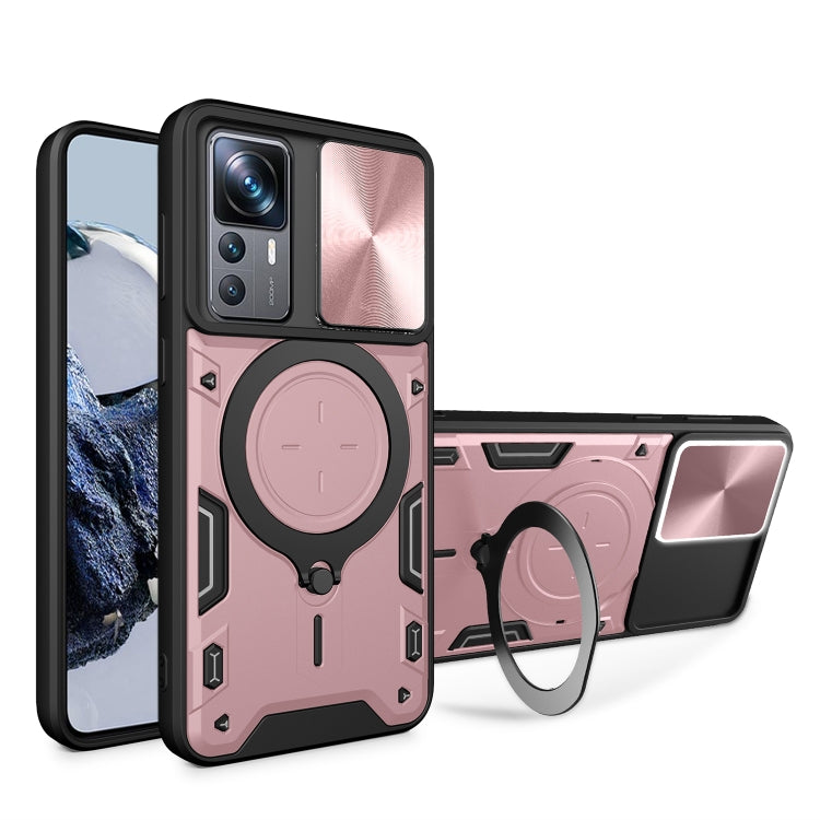 Pink phone case with sliding camshield, magnetic CD texture, and ring holder
