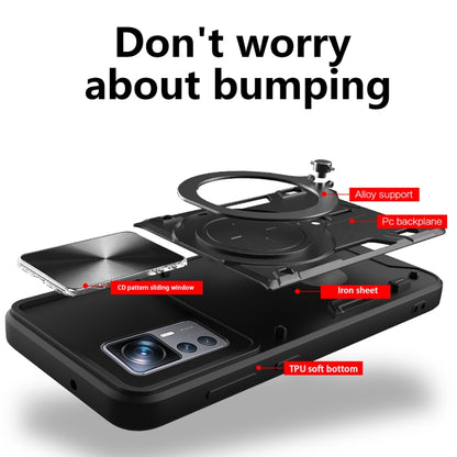Black phone case with CD pattern window and magnetic holder ring