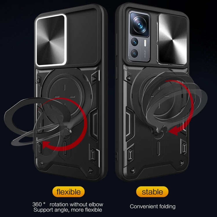 Black phone case with sliding cover and magnetic holder ring, flexible and stable