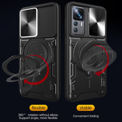 Black phone case with sliding cover and magnetic holder ring, flexible and stable