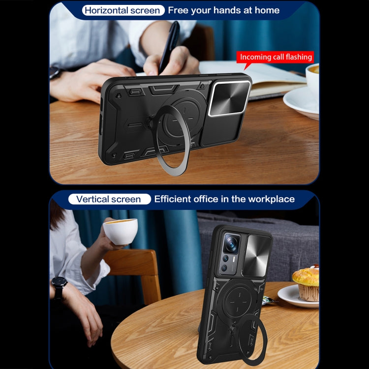 Black phone case with horizontal and vertical stand, magnetic holder ring