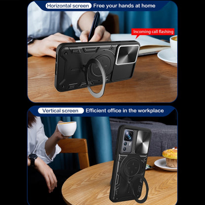 Black phone case with horizontal and vertical stand, magnetic holder ring
