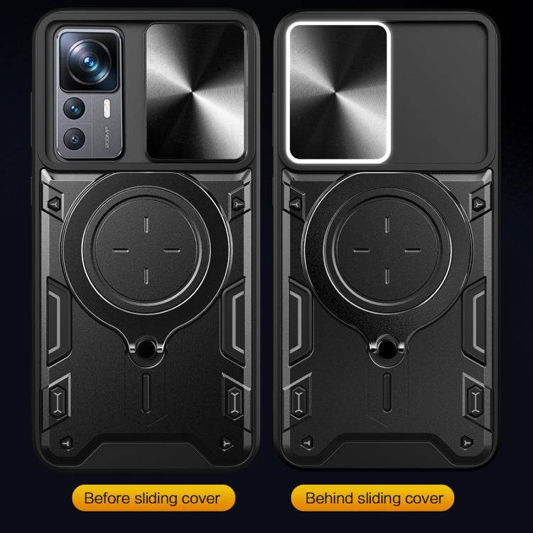 Black phone case with sliding cover and magnetic holder ring, front-back views