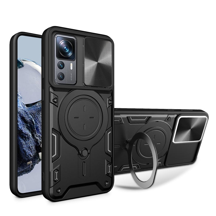 Black phone case with sliding camshield, magnetic CD texture, and ring holder