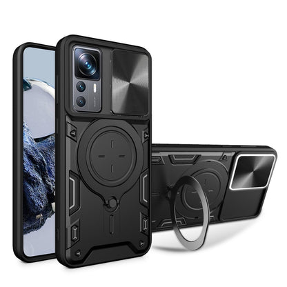 Black phone case with sliding camshield, magnetic CD texture, and ring holder