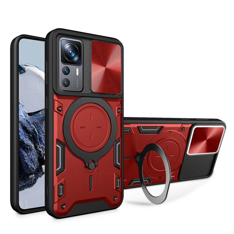 Red phone case with sliding camshield, magnetic CD texture, and ring holder