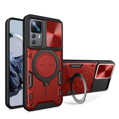 Red phone case with sliding camshield, magnetic CD texture, and ring holder