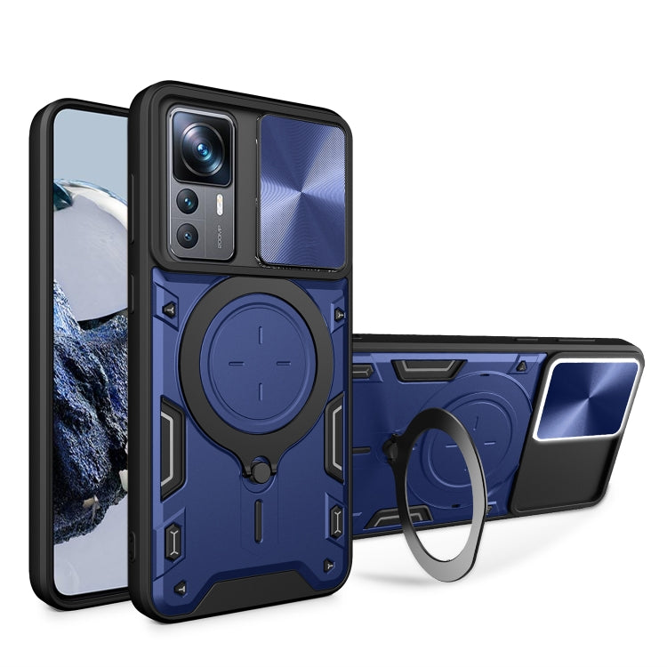 Blue phone case with sliding camshield, magnetic CD texture, and ring holder