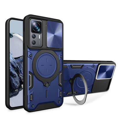 Blue phone case with sliding camshield, magnetic CD texture, and ring holder