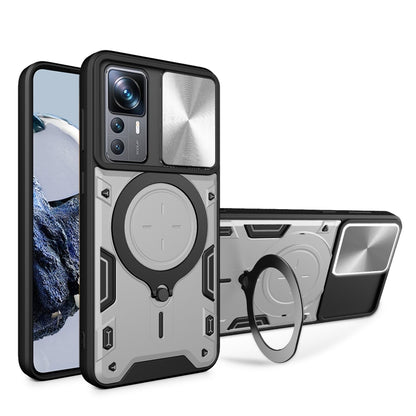 Black CD texture phone case with magnetic sliding ring stand and camshield cover