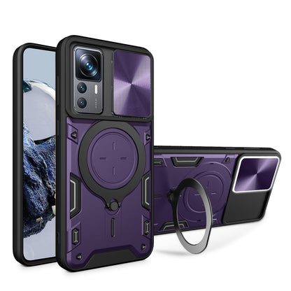 Purple CD texture phone case with magnetic sliding ring stand and camshield cover