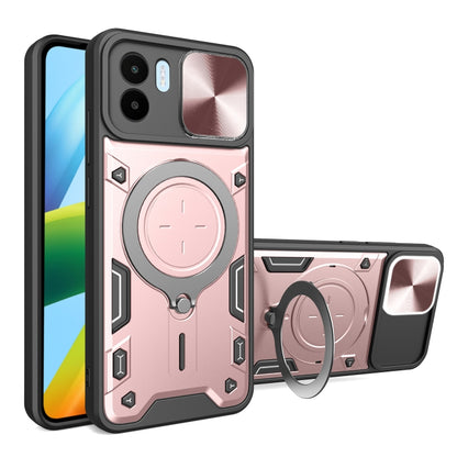 Rose pink CD texture phone case with magnetic sliding ring stand and camshield cover